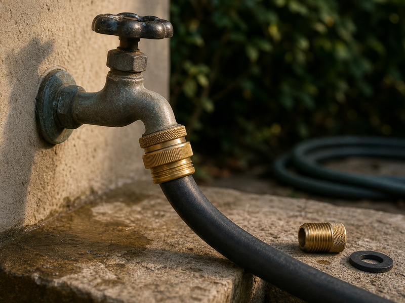 GHT thread vs NPT: a garden hose thread coupling screwed onto an outdoor hose bib, with a tapered NPT pipe fitting and a flat washer resting on the ledge beside the hose