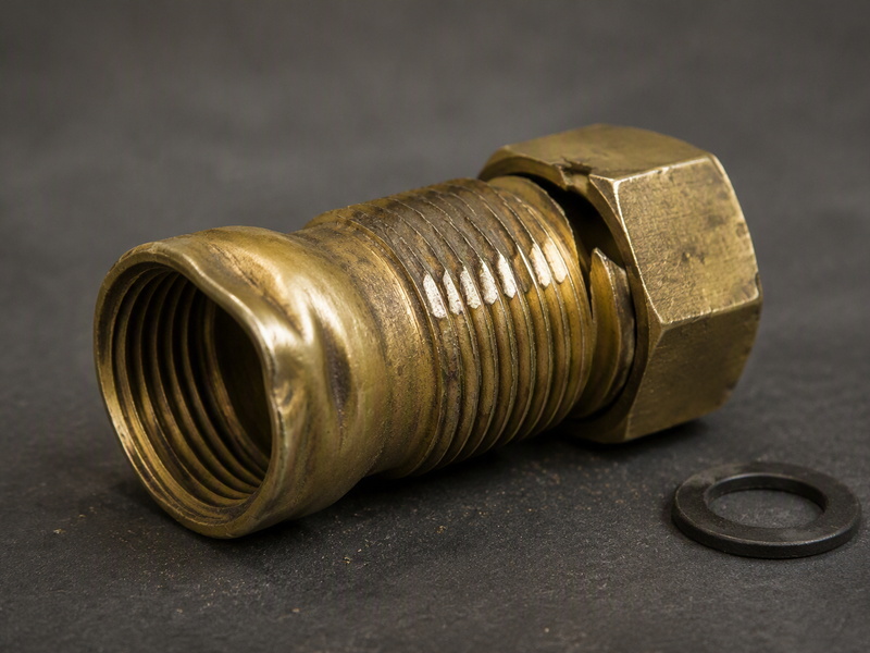 Damage from forcing an NPT thread into a garden hose thread coupling: flattened crests, a bell-mouthed female end, a split swivel nut and a distorted washer