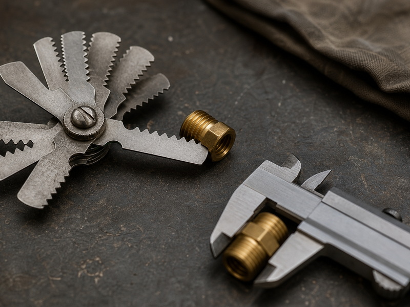 A thread pitch gauge with a blade seated in a brass fitting beside a caliper comparing the major diameter of a garden hose thread and an NPT thread