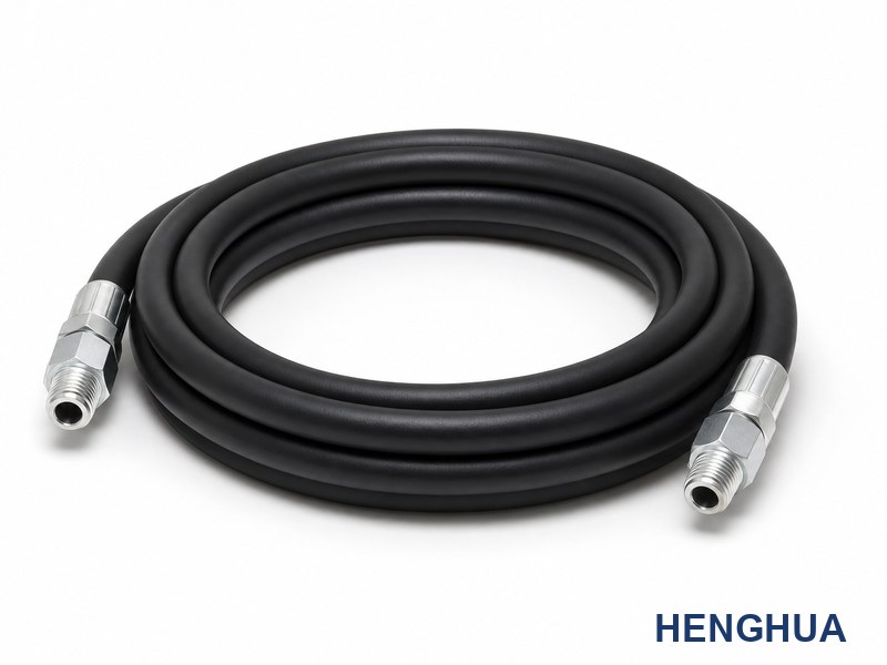 HENGHUA oil suction and discharge hose with steel couplings coiled on a white surface