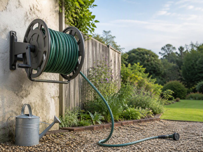 A wall-mounted hose reel fixed to a rendered garden wall with a green garden hose wound evenly onto the drum, a watering can beside it and a gravel path in the foreground.