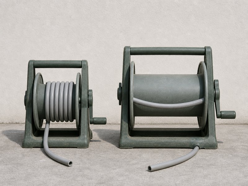 Two hose reel drums of different barrel diameter side by side, the same hose drawn tight on the small drum and wide on the large one