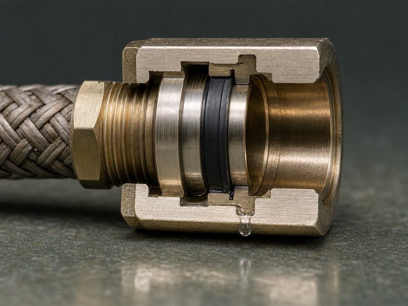 Cutaway of a hose reel swivel showing the metal body, the rotating pressure surface and the elastomer seal weeping a droplet