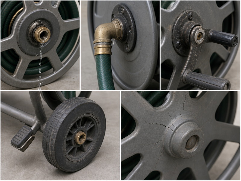 Hose reel wear symptoms side by side, from a swivel drip to cracks at the drum hub