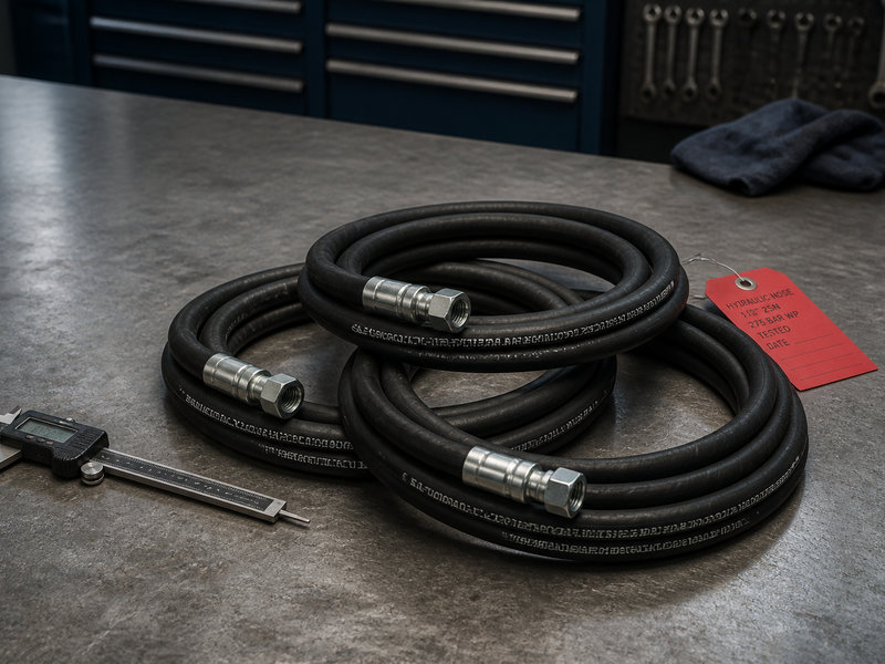 Coiled hydraulic hoses with crimped fittings on a workshop bench, layline markings and date codes visible, caliper and inspection tag beside them