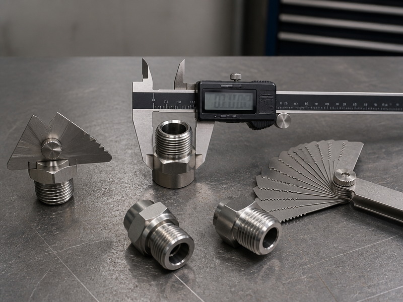 Hydraulic fitting identification on a workshop bench: digital calipers measuring a fitting thread beside a thread pitch gauge and thread angle gauge