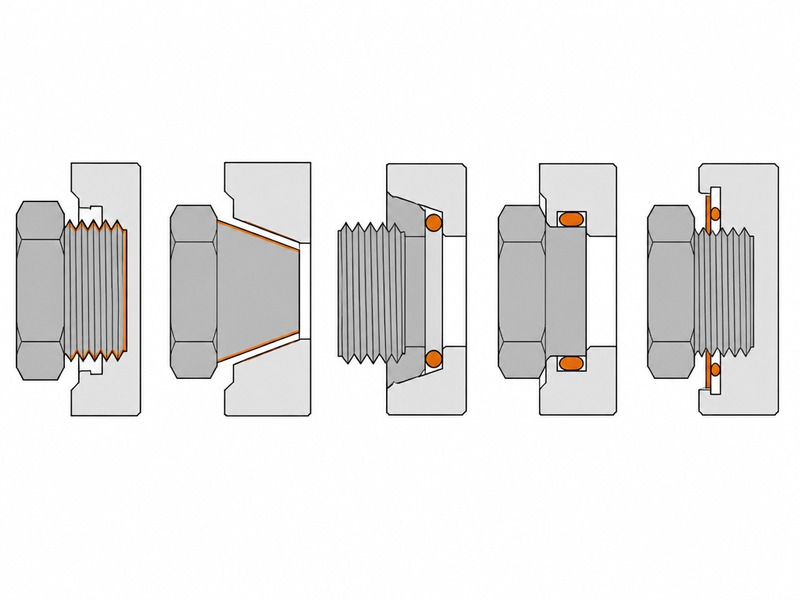 Cutaway comparison of hydraulic fitting sealing methods showing thread flank sealing on NPT, a 37 degree metal cone on JIC, an O-ring on a chamfered boss in SAE ORB, a captive O-ring on a flat face in ORFS, and a bonded washer on BSPP