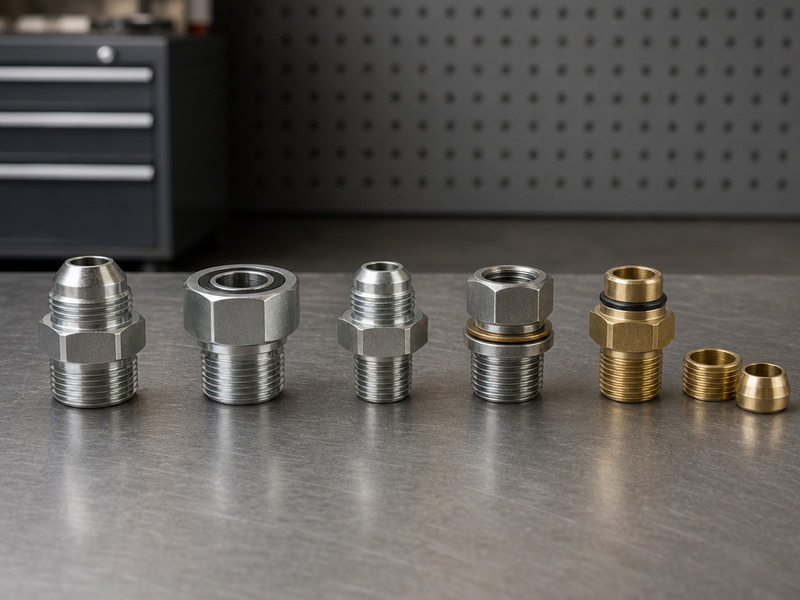 Five hydraulic fitting types on a workshop bench: JIC 37 degree flare fitting, ORFS flat face O-ring fitting, NPT tapered fitting, BSP fitting and a metric DIN fitting with adapters