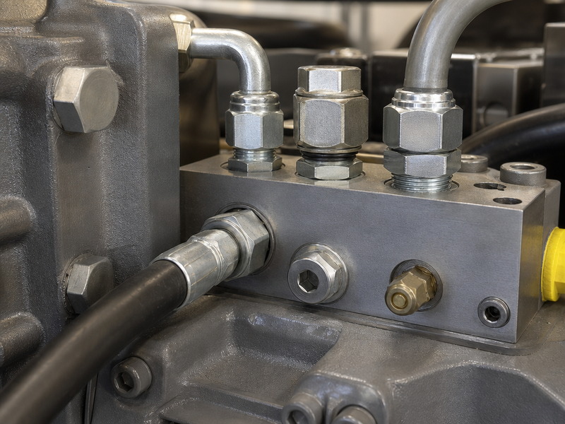 Machine hydraulic manifold and cylinder ports showing different fitting types side by side: JIC flare fittings, ORFS flat face fittings, and a metric DIN tube fitting