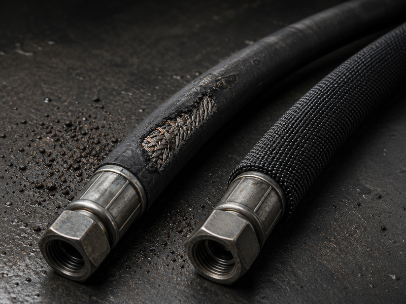 Close-up of a hydraulic hose cover worn by abrasion exposing the wire reinforcement beside a hose protected by a nylon abrasion sleeve