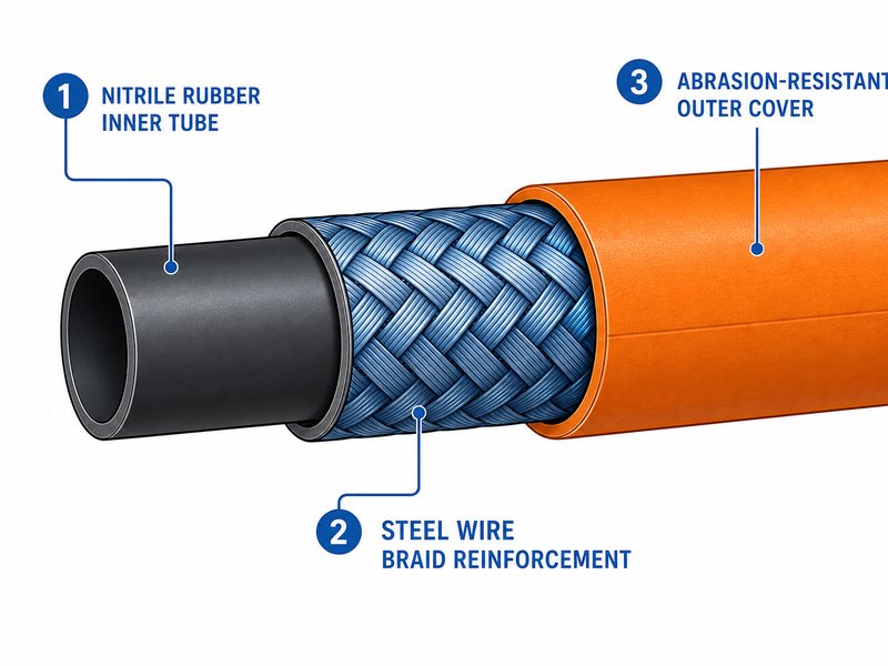Cross-section diagram showing the three layers of a hose: inner tube, steel wire reinforcement, and outer cover