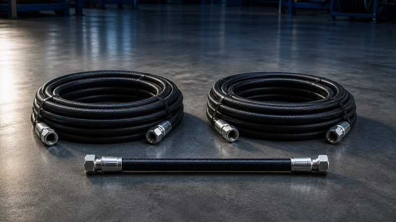 Hydraulic hose and couplings guide cover: coiled reinforced hydraulic hoses with steel fittings on industrial background