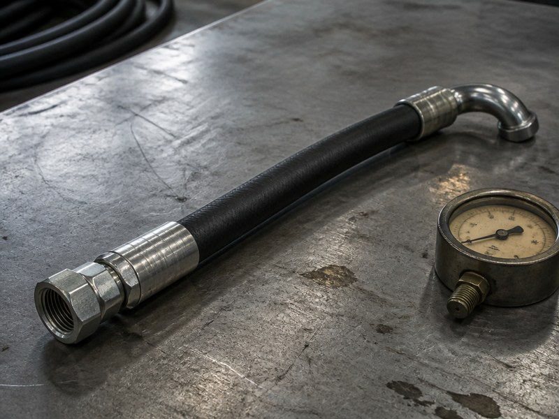 Finished hydraulic hose assembly with a crimped steel coupling and a bent tube elbow lying on an assembly bench beside a pressure gauge