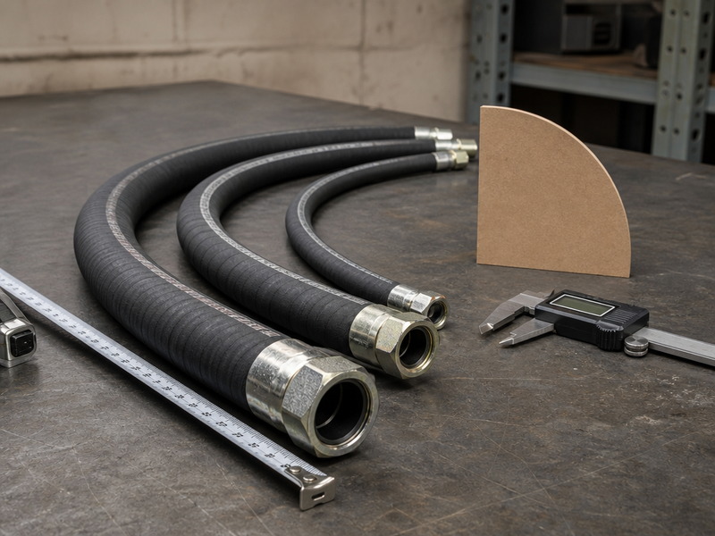 Hydraulic hoses of several dash sizes curved on a workshop bench with a tape measure, caliper, and cardboard radius template, illustrating how bend radius is checked before installation