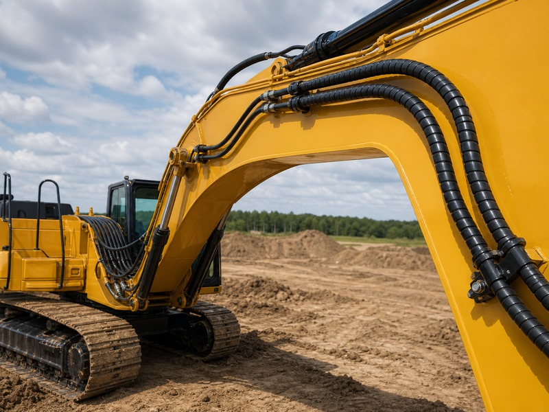 Hydraulic hoses routed with gentle bends and spiral abrasion sleeves along an excavator boom
