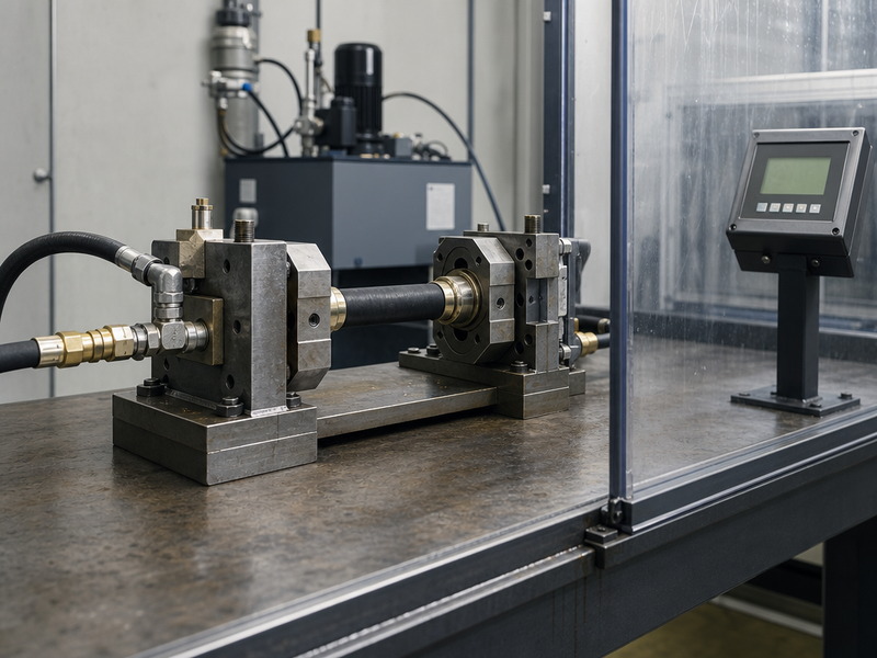 Hydrostatic burst test rig pressurising a hydraulic hose sample to failure with a digital pressure gauge recording the burst value