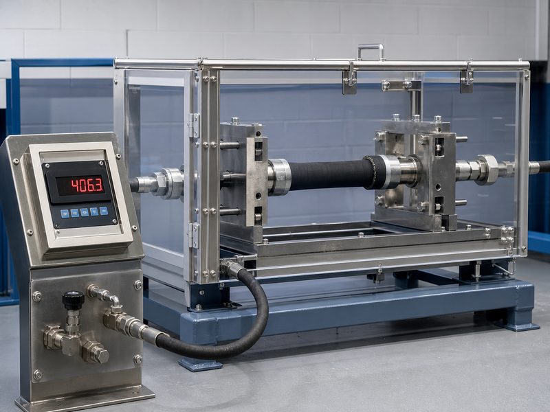 Hydrostatic burst test rig clamping a hydraulic hose assembly inside a steel safety cage while a digital pressure gauge records the failure pressure