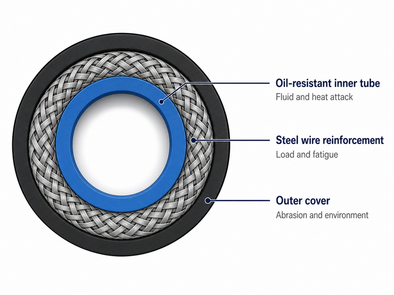 Cross-section diagram of a hydraulic hose labeling the oil-resistant inner tube, steel wire reinforcement, and outer cover with the failure mechanism at each layer