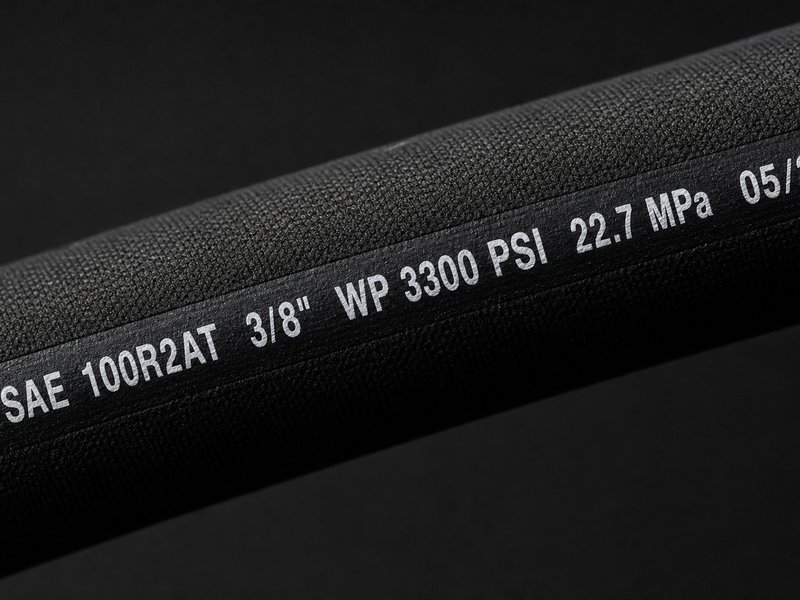 Close-up of the printed layline on a hose cover showing the SAE type, size, pressure rating, and date code