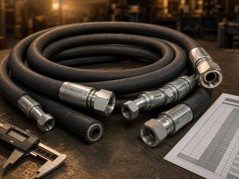 Coiled steel-wire-reinforced hydraulic hoses with crimped fittings on a workshop bench, with calipers and a size chart, representing a complete guide to hydraulic hose selection and maintenance