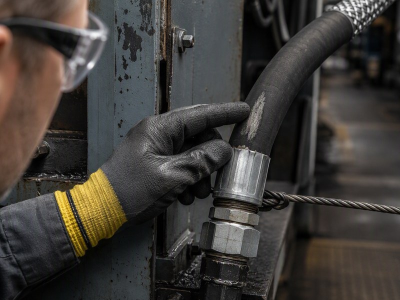 Maintenance technician with safety glasses inspecting a steel wire braided hydraulic hose and crimped coupling on a machine, checking the cover for cracking and abrasion and the ferrule for weeping
