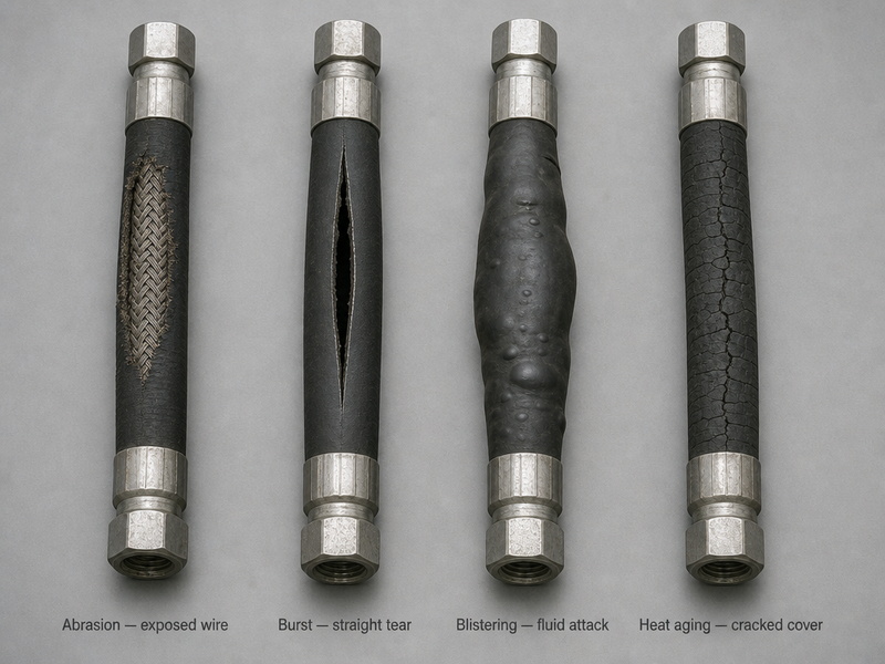 Comparison of four failed hydraulic hoses showing abrasion damage, straight burst tear, blistered cover from fluid incompatibility, and cracked cover from heat aging