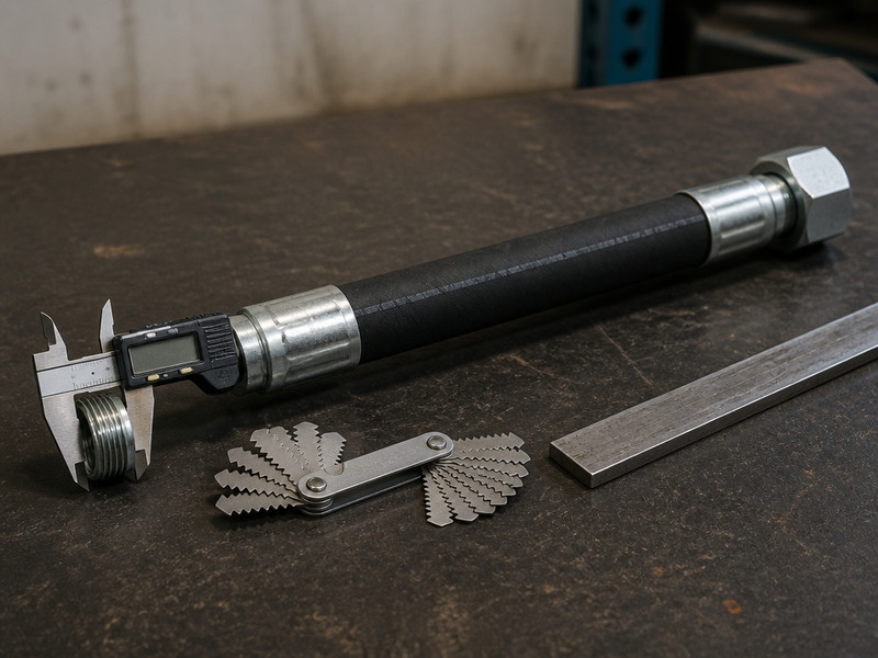 Digital caliper and thread pitch gauge measuring the thread outside diameter and threads per inch on a hydraulic hose fitting on a workshop bench