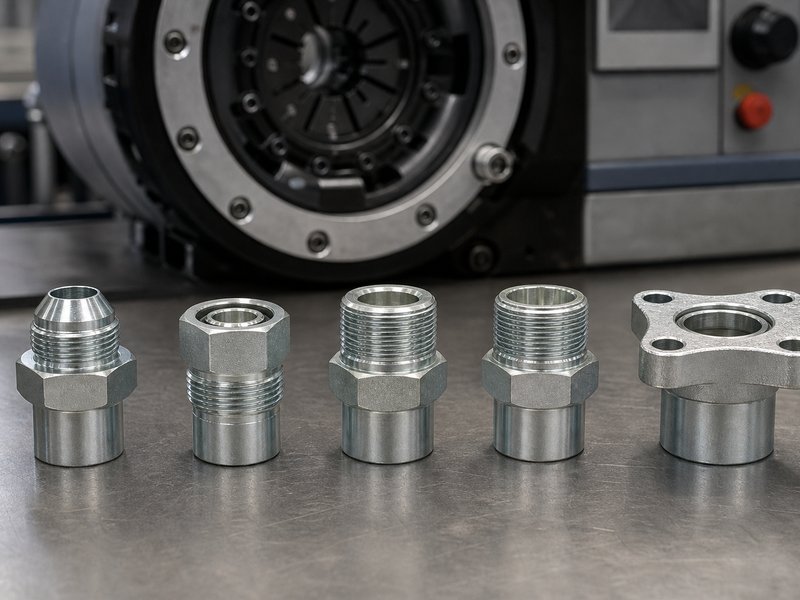 JIC, ORFS, NPT, BSP, and SAE flange hydraulic hose fittings with a crimping machine on a workbench