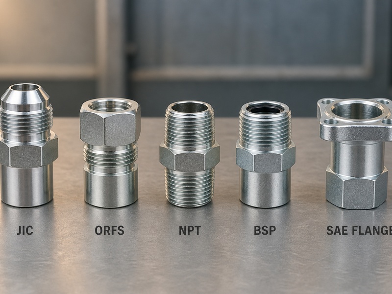JIC, ORFS, NPT, BSP, and SAE flange hydraulic hose fittings side by side on a workbench