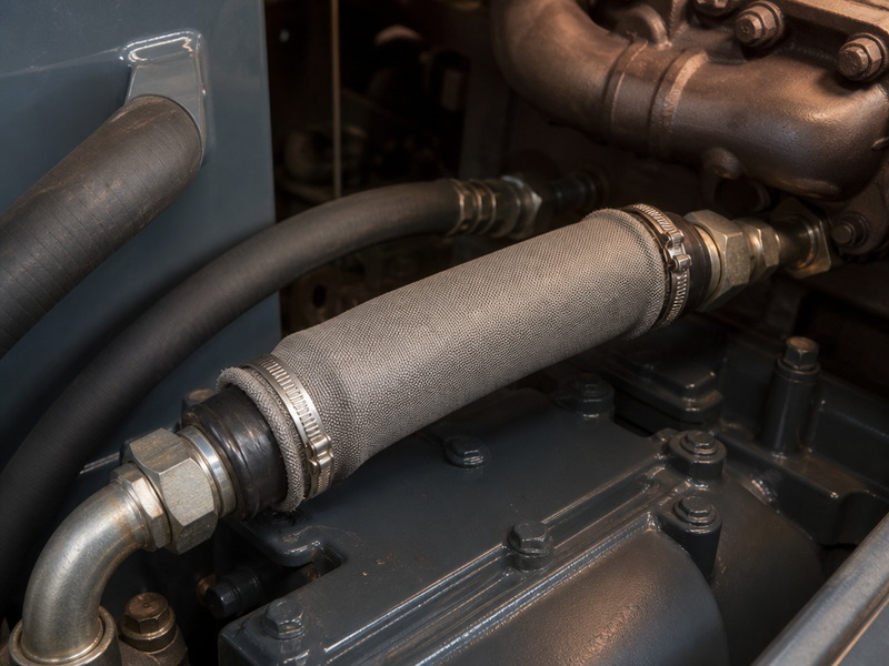 High temperature hydraulic hoses on a machine with silicone-coated heat sleeves fitted where the hose passes close to an exhaust pipe and manifold