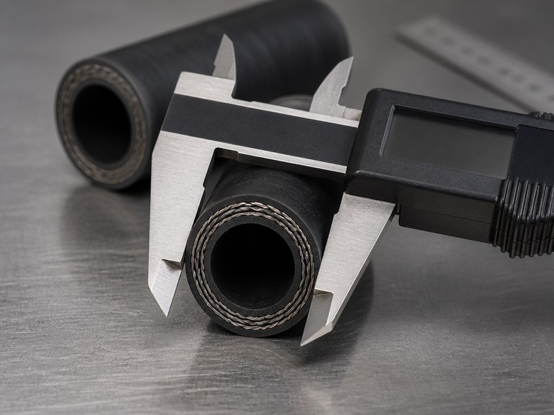 Digital caliper across the cut end of a wire-braided hydraulic hose, with the steel reinforcement layers visible in the cut face