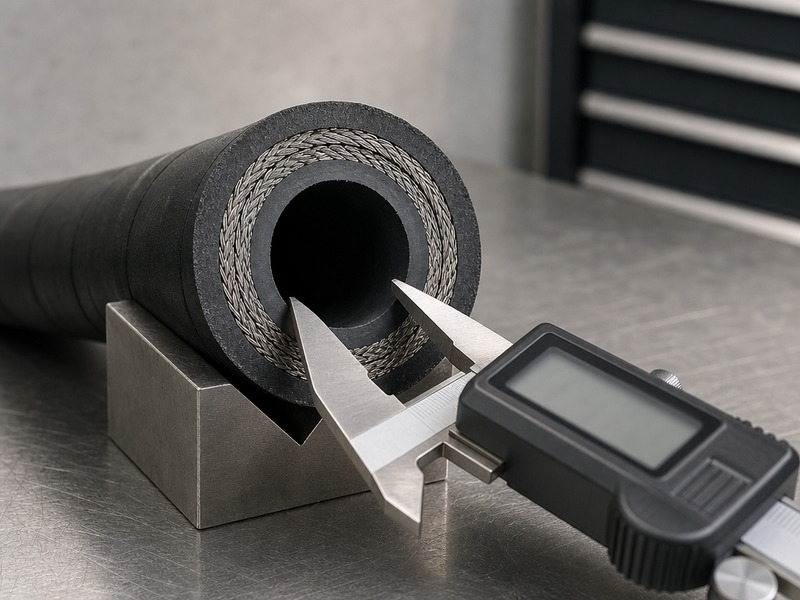 Digital caliper measuring the inside diameter and outside diameter of a hydraulic hose cross-section to determine dash size