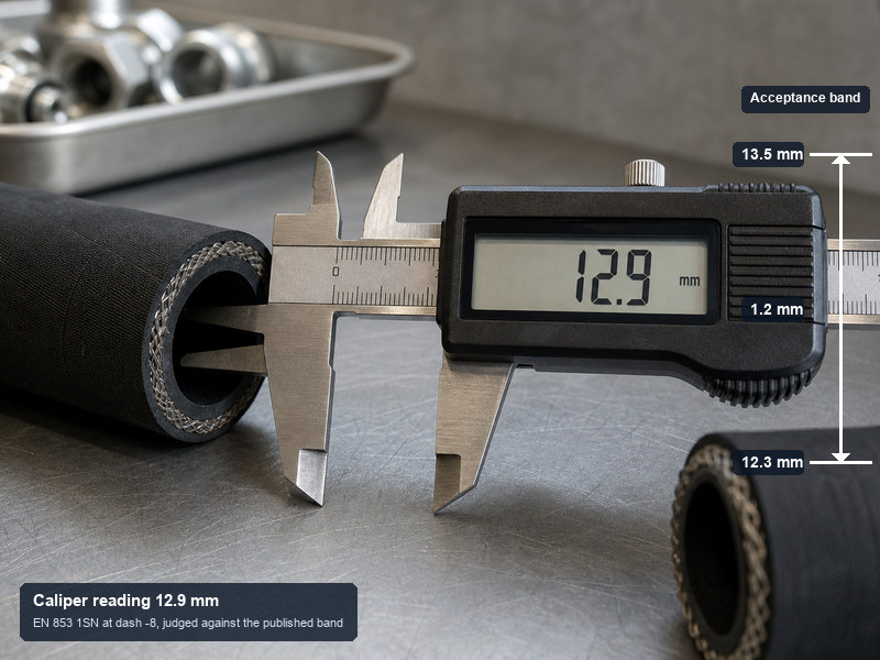 Digital caliper measuring the inside diameter of a dash -8 hydraulic hose and comparing the reading with the published 12.3 to 13.5 millimetre acceptance band