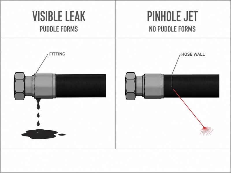 Diagram comparing a visible hydraulic leak with an invisible pinhole jet that can penetrate skin at working pressure
