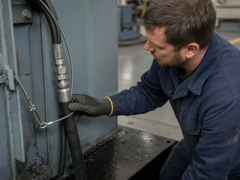 Technician inspecting a hydraulic hose assembly at a machine, checking the cover, coupling crimp, bend radius and whip check restraint