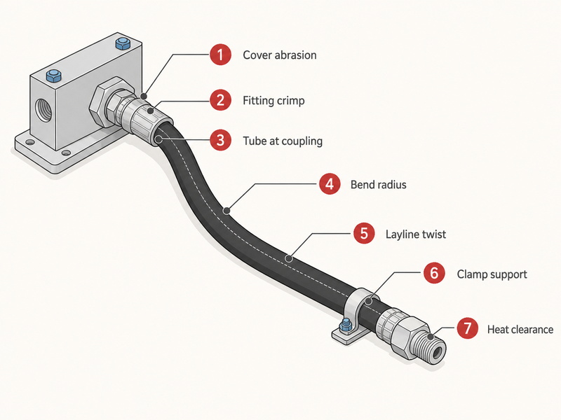Diagram of a hydraulic hose assembly showing the seven inspection points: cover abrasion, fitting crimp, tube at the coupling, bend radius at the fitting, layline for twist, clamp support, and clearance from heat sources