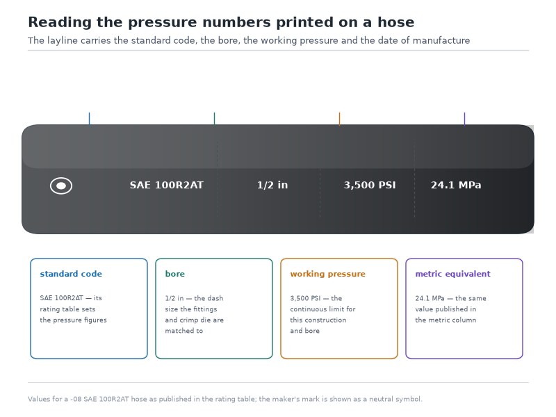 Close-up of a hydraulic hose cover layline printing showing the SAE 100R2AT standard code, the 1/2 inch bore, the 3,500 PSI working pressure and the manufacturing date code