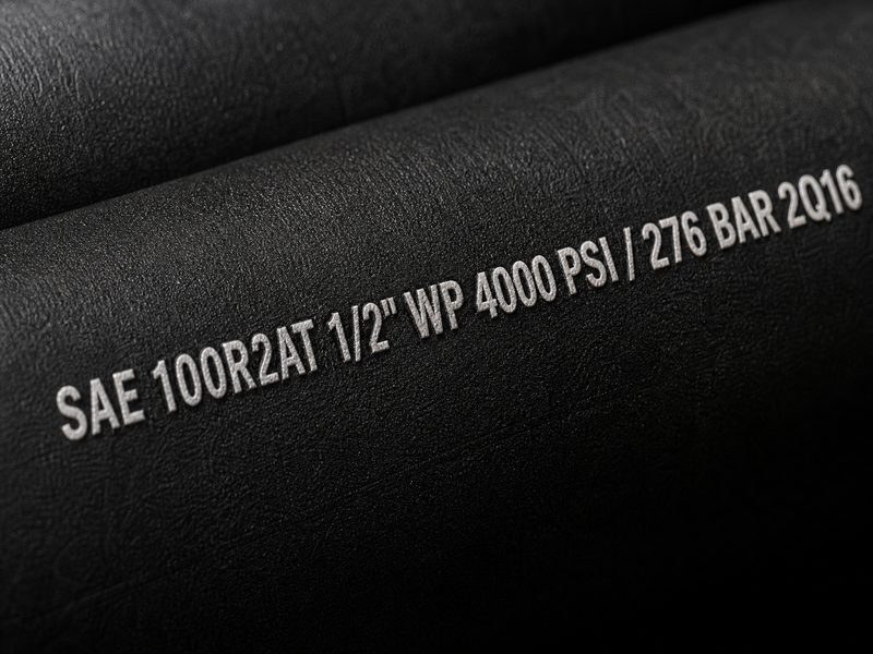 Close-up of the printed layline on a black hydraulic hose cover showing SAE 100R2AT, 1/2 inch bore, working pressure in PSI and bar, and a manufacturer date code