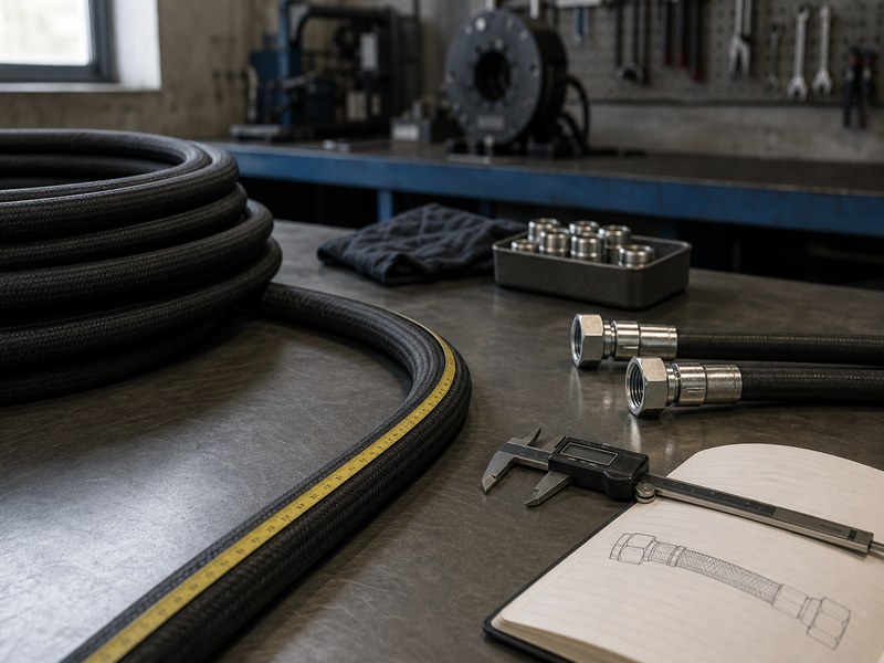 Hydraulic hose measuring station on a workshop bench with a coiled hose, tape measure, digital calipers and crimped assemblies