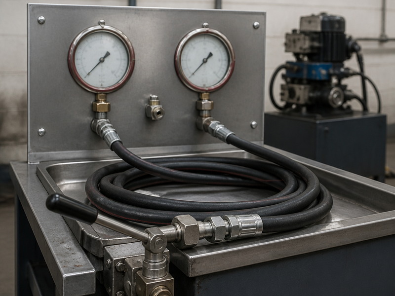 Hydraulic hose assembly with a pressure gauge showing 4,000 PSI working pressure on an industrial workshop bench