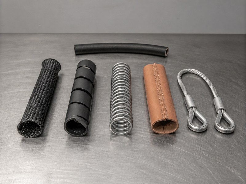 Hydraulic hose protection products laid out side by side: woven abrasion sleeve, spiral wrap, spring guard, chafe guard and steel whip check