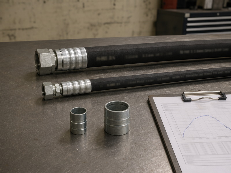 Hydraulic hose R1 and R2 assemblies on a workshop bench showing the hose body, crimped fitting, ferrule and pressure test report that make up the quoted scope