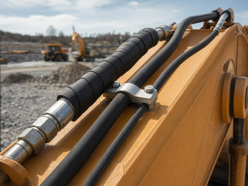R1 single wire braid and R2 double wire braid hydraulic hoses routed along an excavator boom, with the two-braid hose held in a clamp and abrasion sleeve