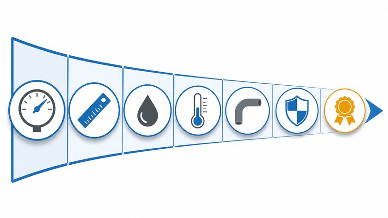 Selection workflow diagram showing pressure, size, fluid, temperature, bend radius, environment, and standard checks in sequence