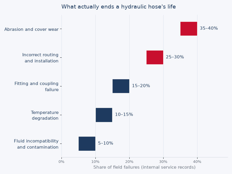 Bar chart ranking the factors that shorten hydraulic hose life by share of field failures, led by abrasion at 35 to 40 percent and incorrect routing at 25 to 30 percent