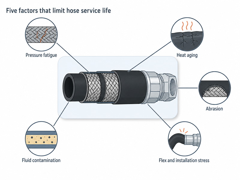 Diagram of the five factors that limit hose service life: pressure fatigue, heat aging, abrasion, flex and installation stress, and fluid contamination