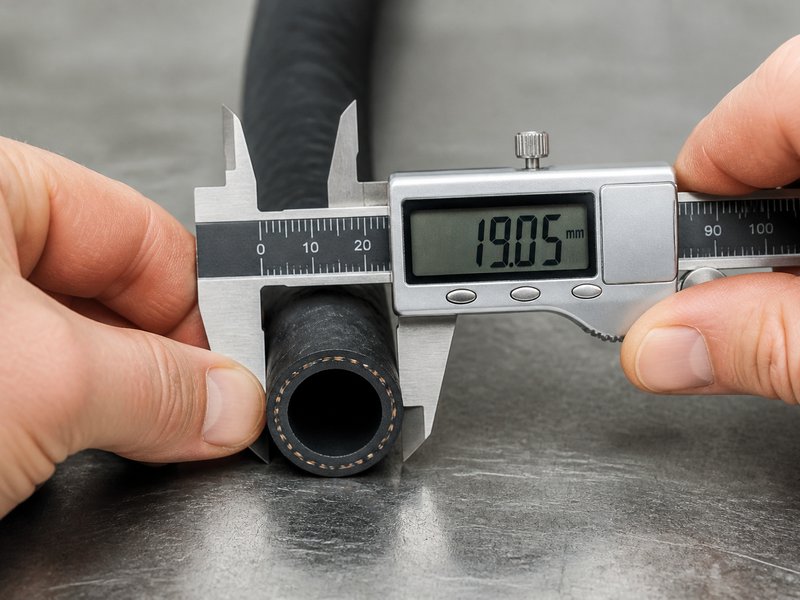 Measuring the inner diameter of a cut hose end with a digital caliper to identify the dash size