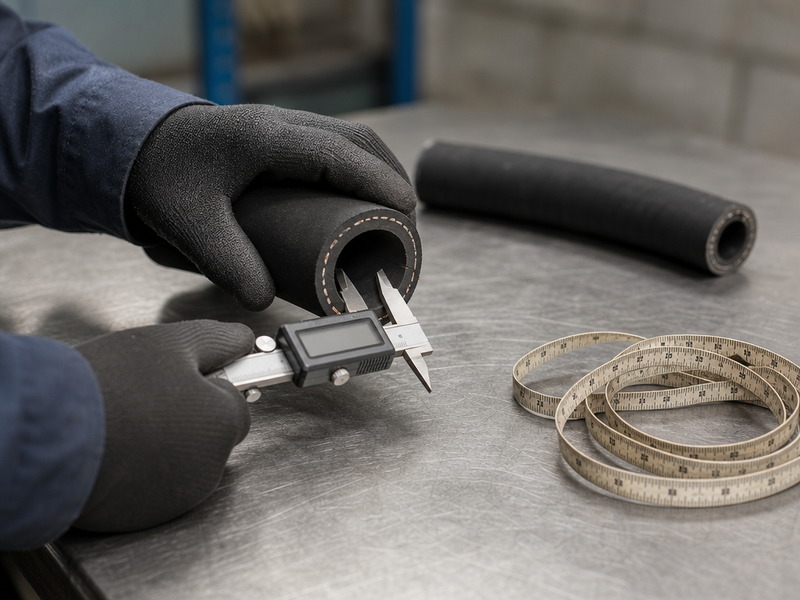 Technician measuring the inside diameter of a cut hydraulic hose section with digital calipers on a workshop bench