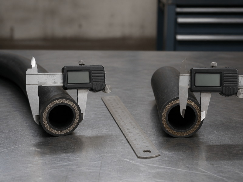 Measuring hydraulic hose outside diameter compared with measuring the bore, showing why outside diameter cannot be used to identify hose size