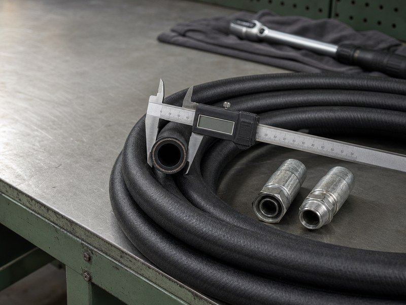 Coiled high-pressure hydraulic hose on a workshop bench with a digital caliper measuring the bore of the cut end and two crimped steel fittings beside it